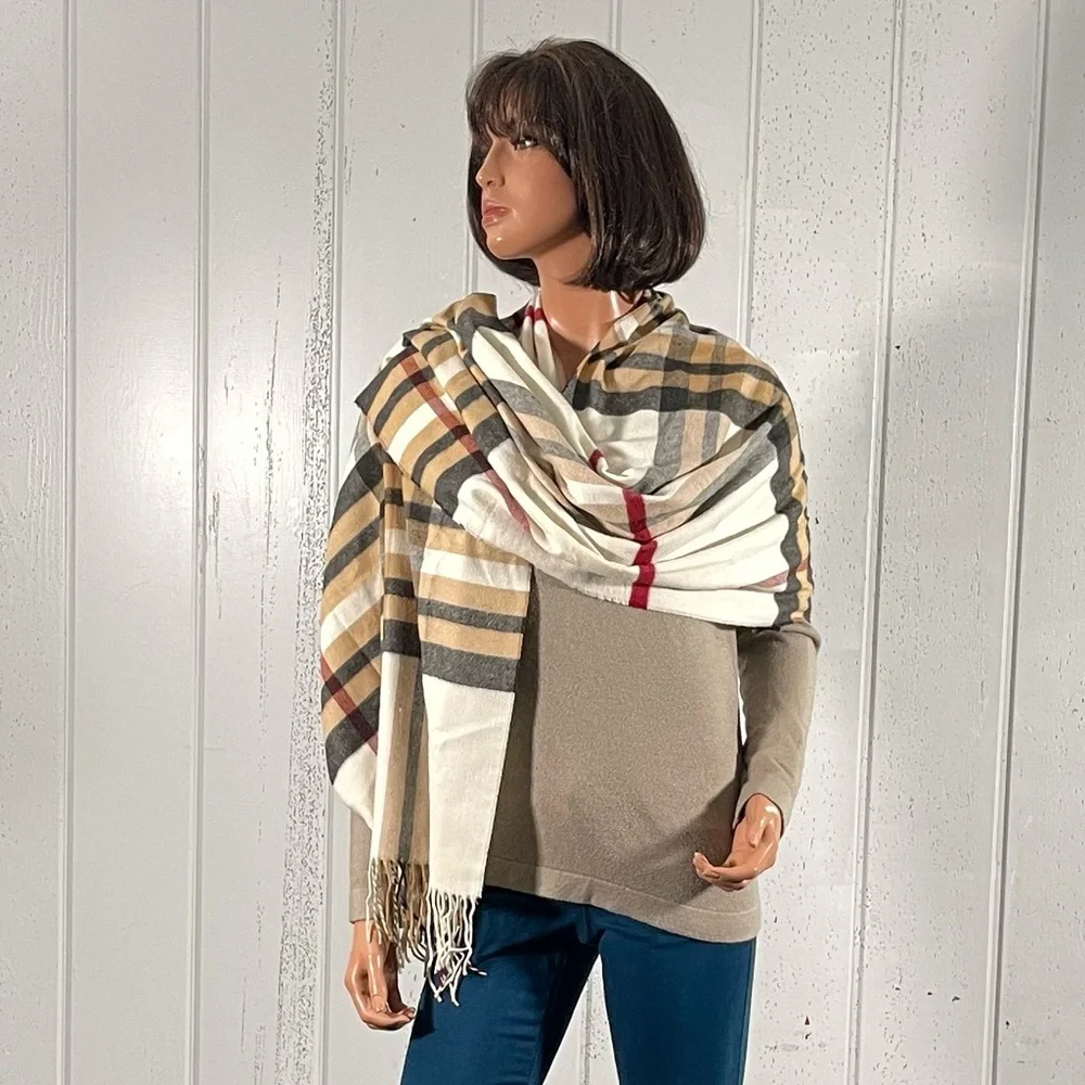 * Women's Oversize Plaid Shawl Scarf Fringe